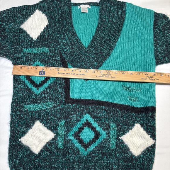 Vtg Susann D Sweater M Teal Ivory Geo Abstract Chunky Knit Wool Angora Blend EUC - Picture 5 of 13